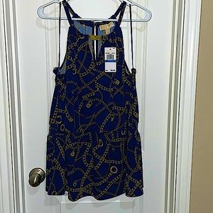 NWT MICHAEL Michael Kors Gold Chain Logo Peplum Sleeveless Peep Hole Top XL